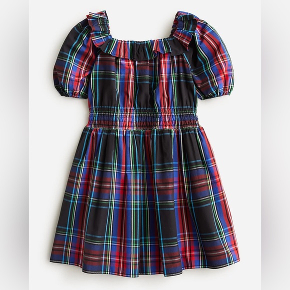 J. Crew Girls' puff-sleeve dress in black Stewart tartan - Picture 1 of 4